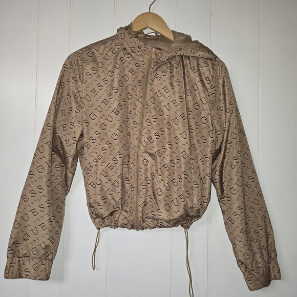 Guess Jackets & Blazers - GUESS Tan Logo-Print Hooded Bomber Jacket